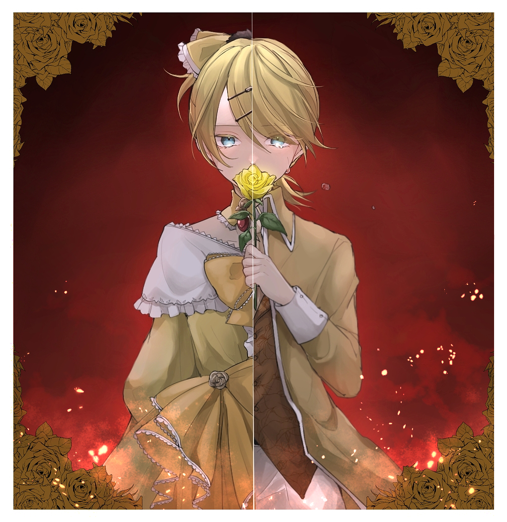 1boy, aku_no_meshitsukai_(vocaloid), allen_avadonia, aqua_eyes, ascot, bangs, blonde_hair, bow