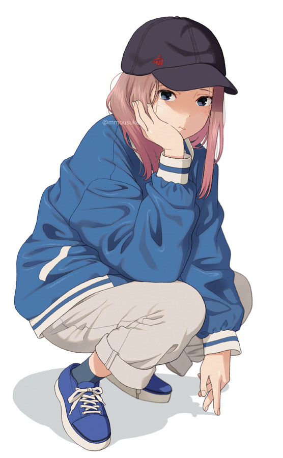 1girl, :t, artist_name, baseball_cap, brown_hair, fingers_on_ground, hat, head_rest, jacket, mattaku_mousuke, medium_hair, original, pants, shoes, sneakers, solo, squatting, watermark, white_background