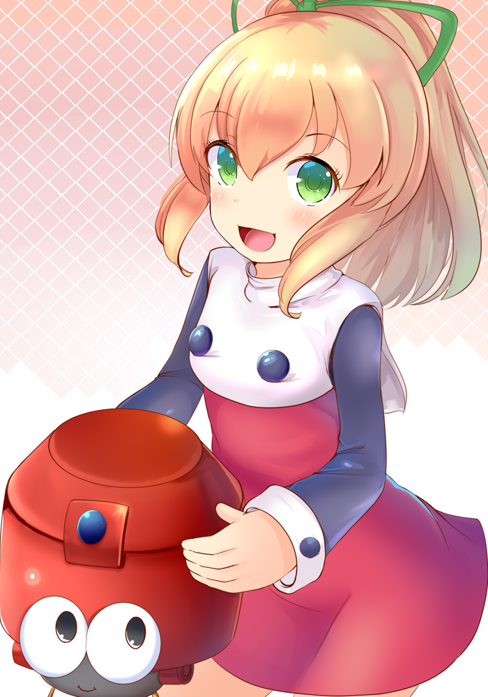 1girl, aru_(arudes), blonde_hair, closed_mouth, dress, eddie_(mega_man), green_eyes, green_ribbon, hair_ribbon, long_hair, looking_at_viewer, mega_man_(classic), mega_man_(series), open_mouth, ponytail, red_dress, red_skirt, ribbon, roll_(mega_man), skirt, smile