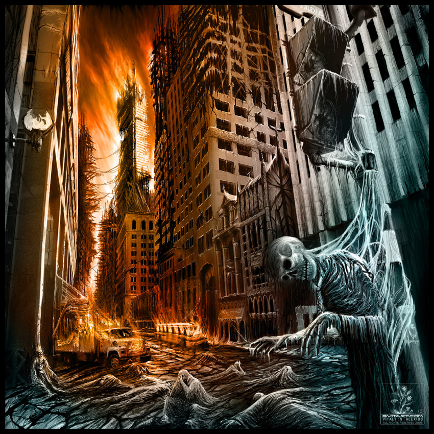 apocalyptic, cityscape, fire, scenery, skeleton