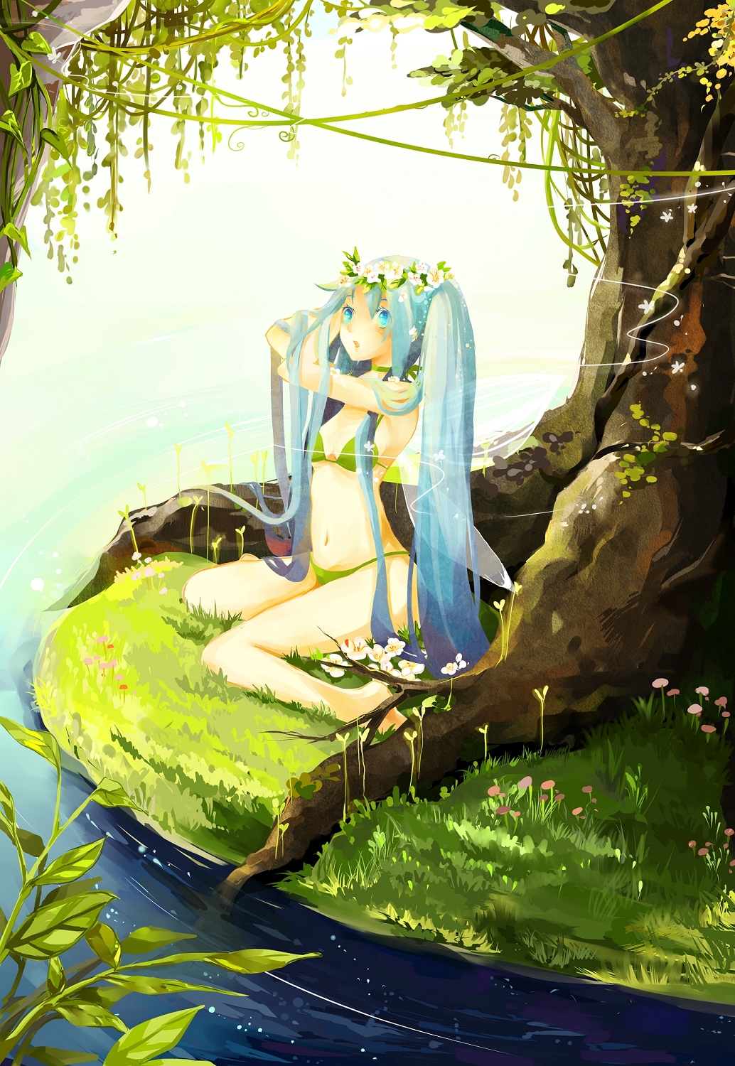 adjusting_hair, aqua_eyes, bikini, blue_hair, fairy_wings, flower, grass, hatsune_miku