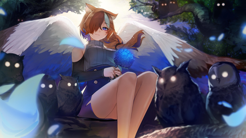 absurdres, bare_shoulders, bird, blue_eyes, blue_hair, blurry, blurry_foreground, branch