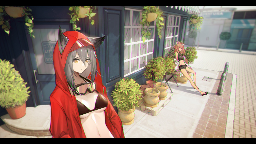 2girls, absurdres, adapted_costume, alternate_costume, animal_ear_fluff, animal_ears, arknights, bangs
