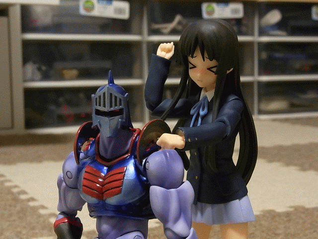 >_<, akiyama_mio, black_hair, doll_joints, figure, gif, k-on!, kinnikuman, long_hair, plamoo, robin_mask, school_uniform