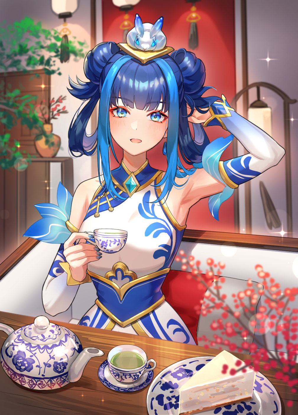 1girl, arm_up, armpits, bangs, blue_eyes, blurry, blurry_foreground, blush