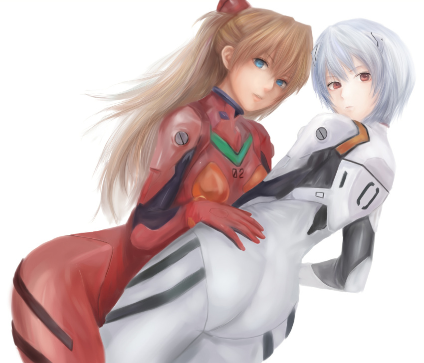 ass, ayanami_rei, blue_eyes, blue_hair, bodysuit, brown_hair, derivative_work, from_behind