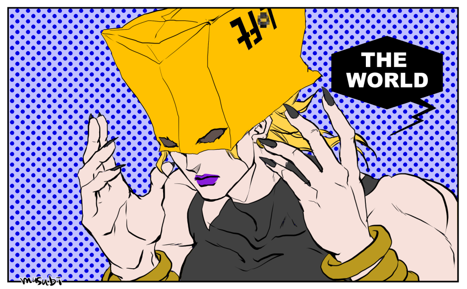 1boy, bag, bag_over_head, black_nails, blonde_hair, bracelet, claws, cosplay