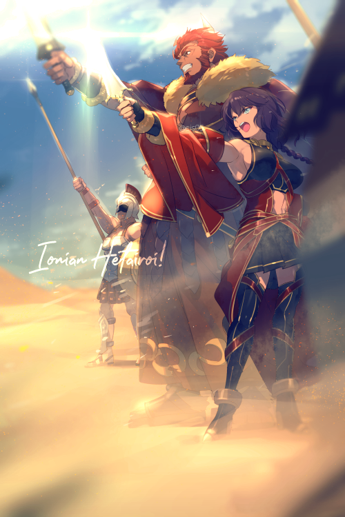 1girl, 2boys, armor, bangs, bare_shoulders, beard, belt, black_gloves