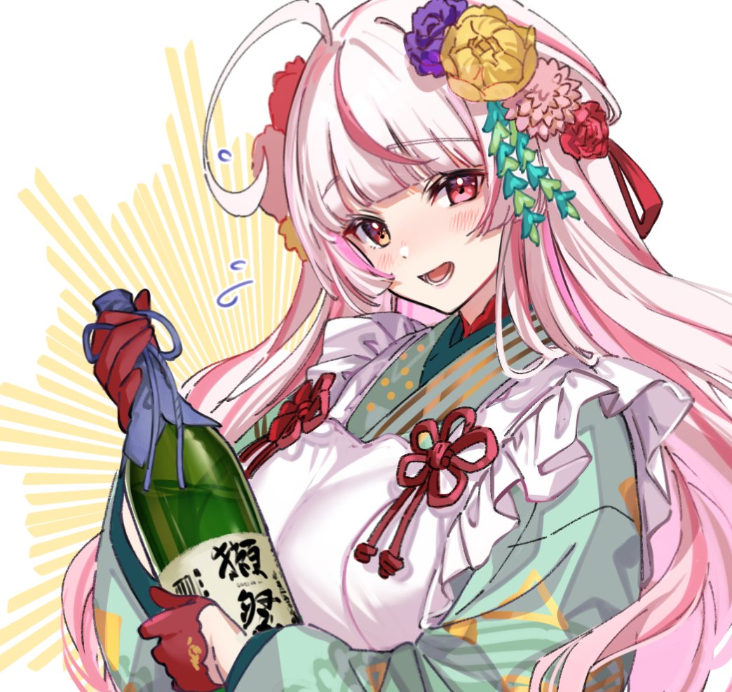 1girl, ahoge, apron, bangs, bottle, buisen, eyebrows_visible_through_hair, flower