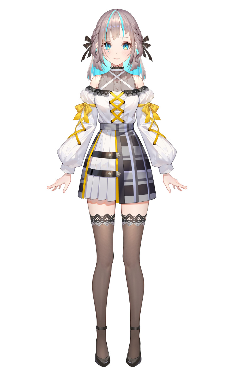 1girl, absurdres, aqua_eyes, arms_at_sides, bangs, buisen, dress, hair_ribbon, highres, konatsu_minamo, lace_trim, medium_hair, multicolored_eyes, multicolored_hair, official_art, ribbon, second-party_source, shoes, silver_hair, simple_background, solo, standing, streaked_hair, teffish, thigh-highs, two-tone_hair, white_background