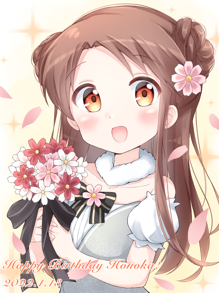 1girl, :d, birthday, bow, braid, brown_eyes, brown_hair, flower