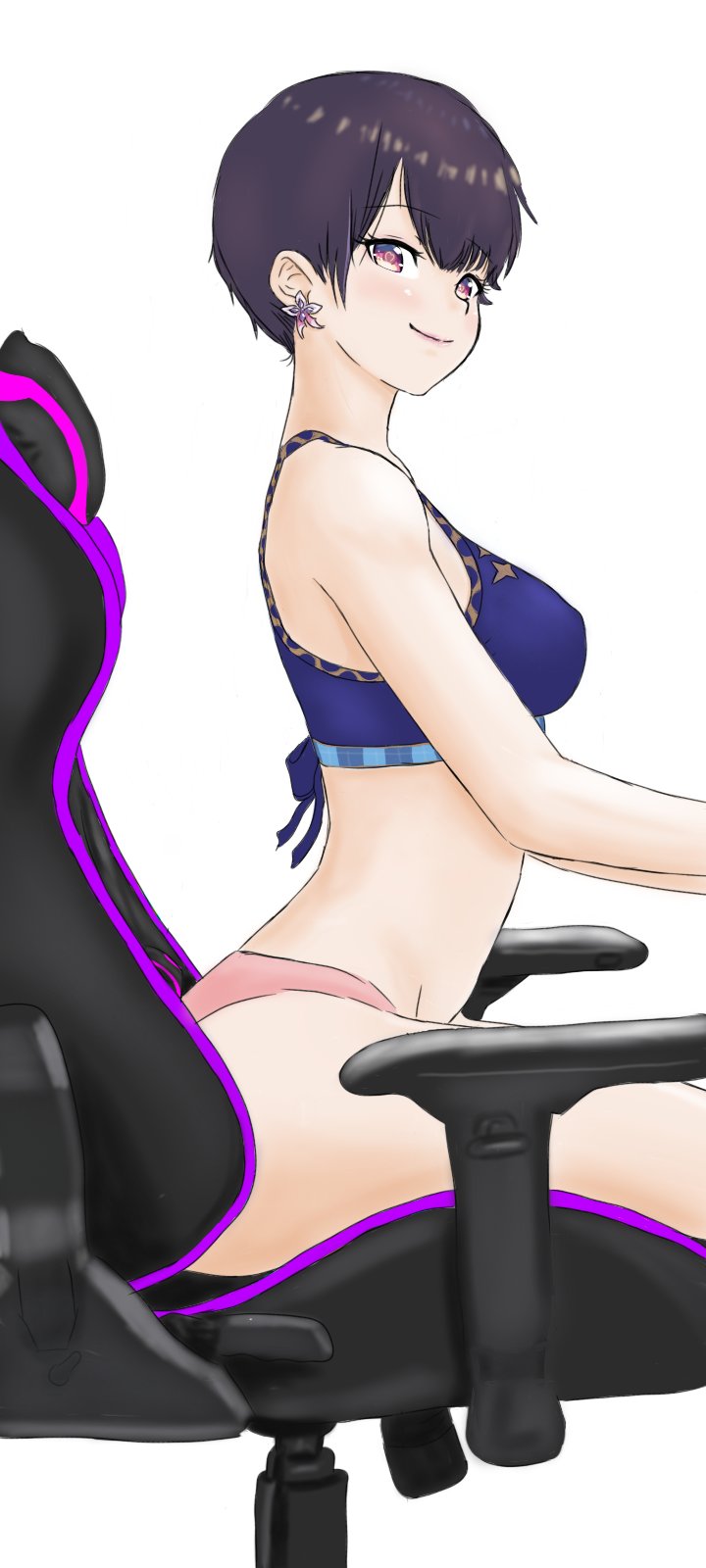 1girl, alternate_hairstyle, bare_arms, bare_legs, bare_shoulders, black_hair, blue_bow, blue_bra