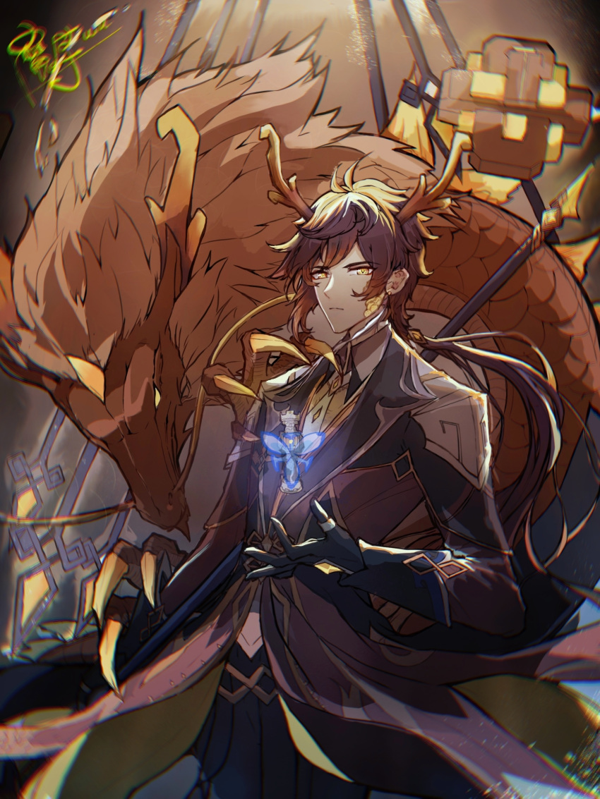 1boy, bangs, black_gloves, black_hair, blurry, blurry_background, brown_hair, chinese_commentary