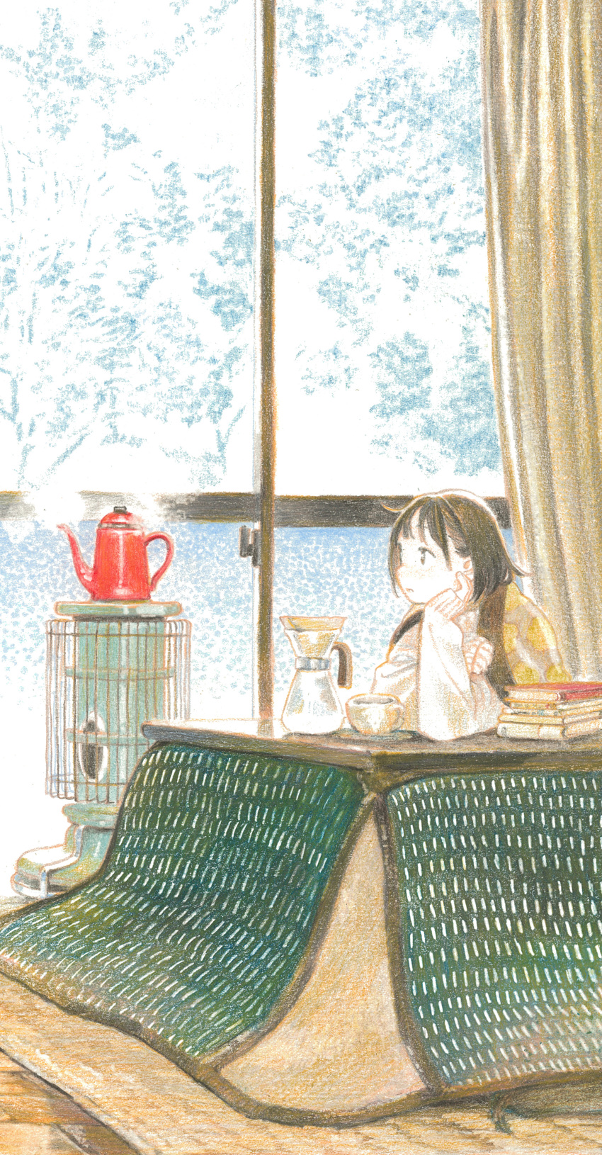 1girl, absurdres, arm_rest, bangs, bare_tree, blunt_bangs, bob_cut, book