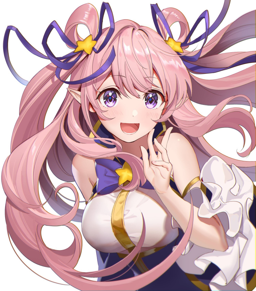 1girl, bangs, breasts, eyebrows_visible_through_hair, hair_ornament, hair_rings, hand_up, hatsune_(princess_connect!), highres, long_hair, medium_breasts, open_mouth, pink_hair, pointy_ears, princess_connect!, simple_background, sleeveless, solo, star_(symbol), star_hair_ornament, teffish, twintails, two_side_up, upper_body, violet_eyes, white_background