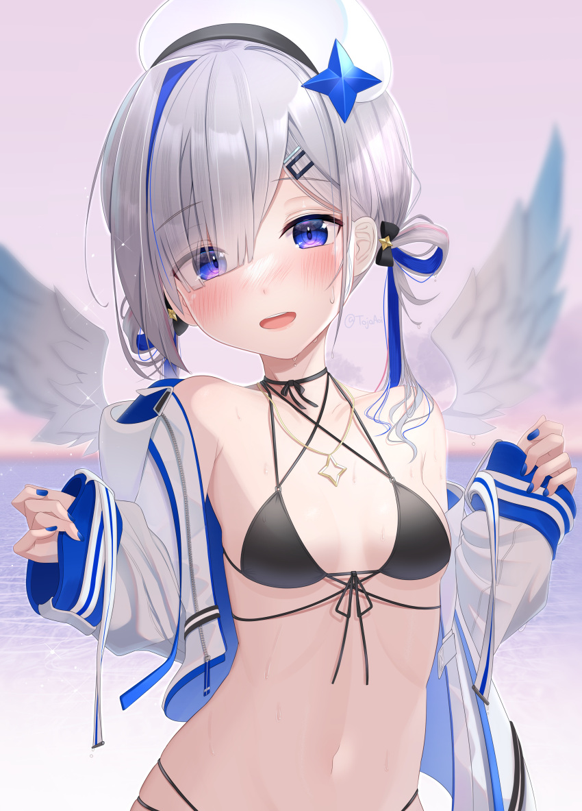 1girl, absurdres, amane_kanata, bangs, beret, bikini, black_bikini, black_choker