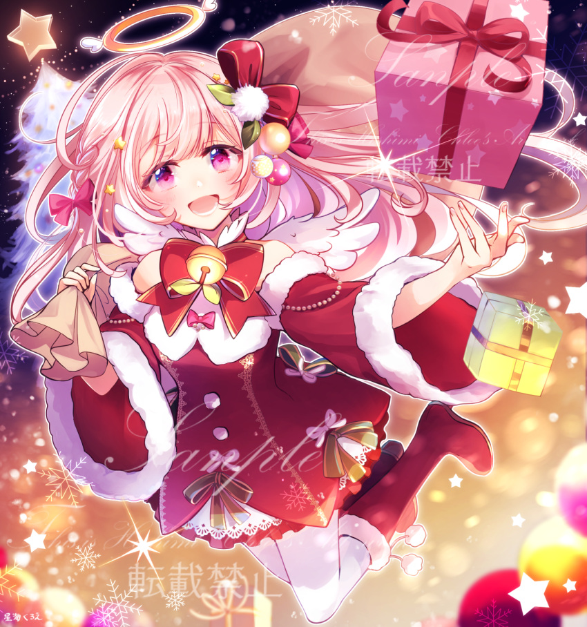 1girl, angel, angel_wings, bell, blush, boots, bow, christmas