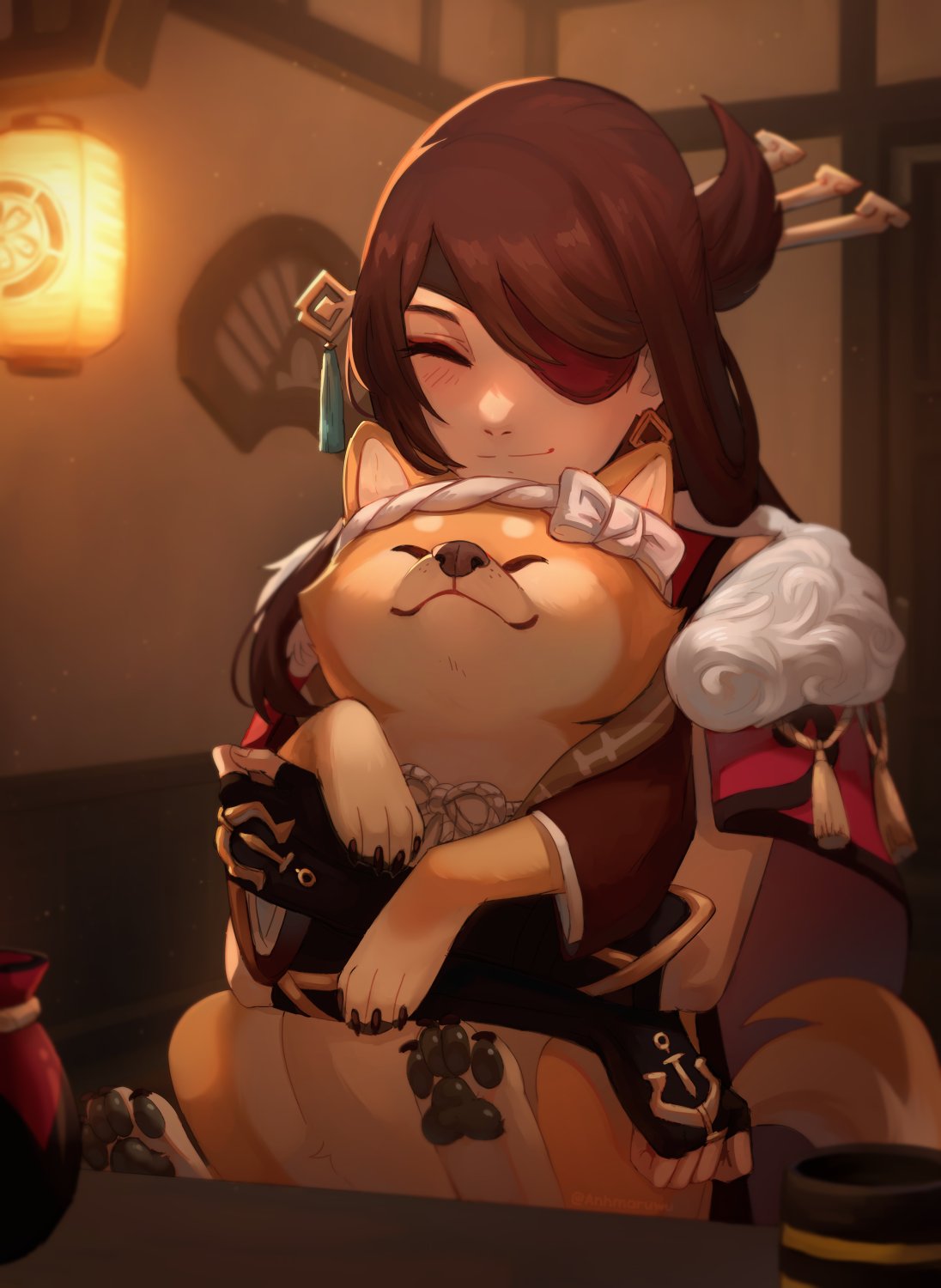 1girl, anhmaruwu, animal, beidou_(genshin_impact), black_gloves, bottle, brown_hair, closed_eyes