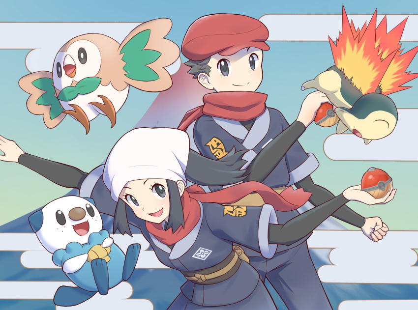1boy, 1girl, :d, akari_(pokemon), black_hair, black_shirt, closed_mouth, commentary_request
