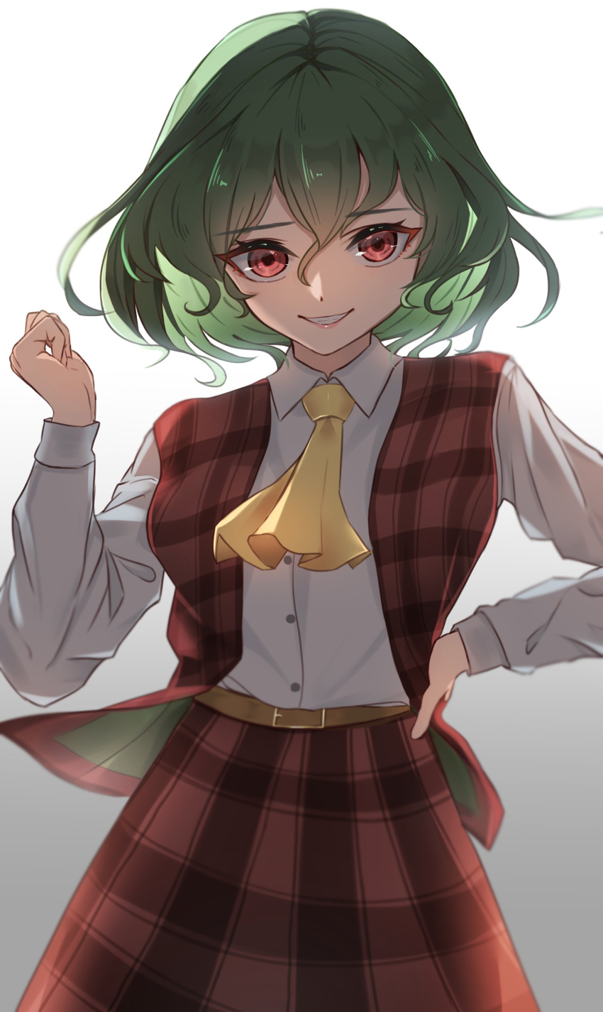 1girl, absurdres, arm_up, bangs, belt, blush, brown_belt, buckle, buttons, eyelashes, gradient, gradient_background, green_hair, grey_background, hand_on_hip, highres, kazami_yuuka, lips, palulap, parted_lips, plaid, plaid_skirt, red_eyes, red_vest, shirt, short_hair, skirt, smile, solo, standing, teeth, touhou, vest, white_shirt