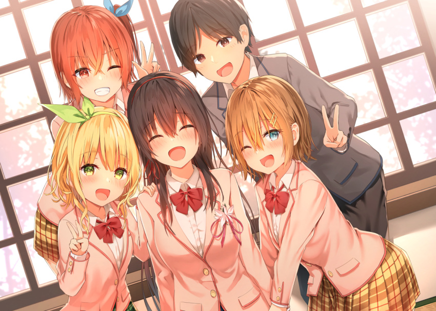 1boy, 4girls, :d, ;d, ^_^, ^o^, bangs, black_hair