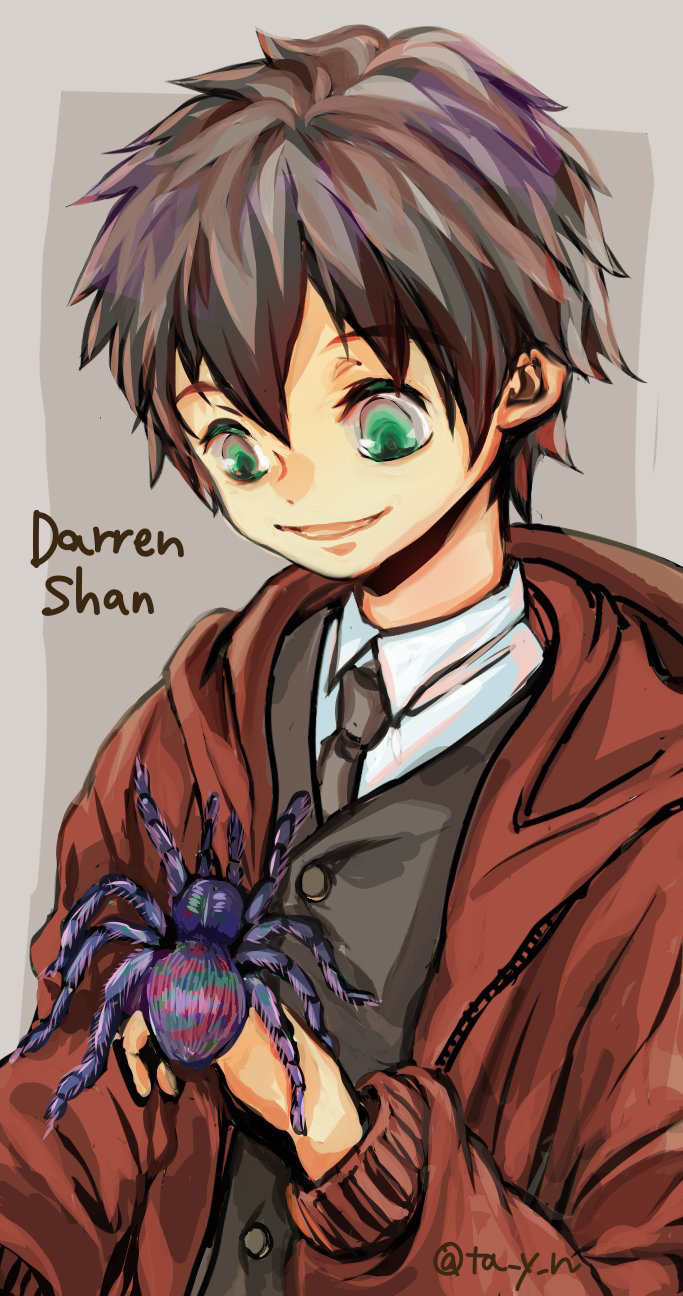 1boy, black_hair, bug, darren_shan, green_eyes, highres, jacket, madam_octa