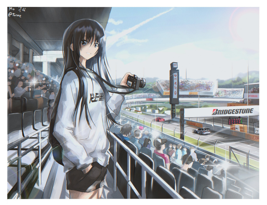 1girl, akiyama_mio, black_eyes, black_hair, black_shorts, bridgestone, camera, eyebrows_visible_through_hair