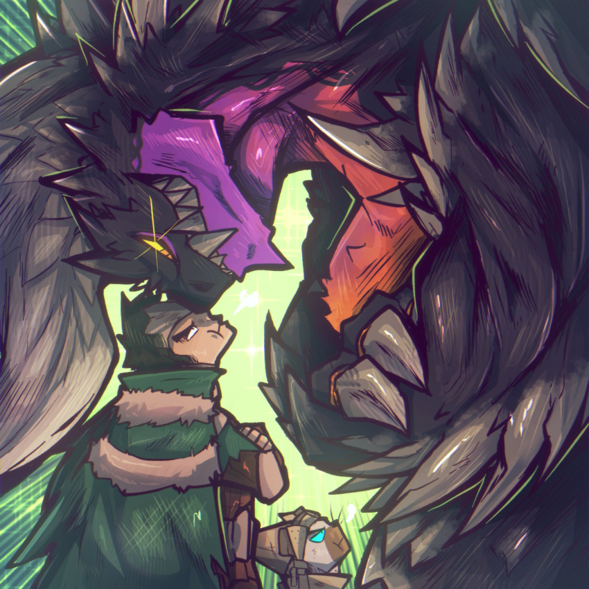 1boy, boo_rad13y, claws, cloak, crossed_arms, evil_grin, evil_smile, eye_contact, fangs, felyne, glaring, glowing, glowing_eyes, grin, highres, horns, looking_at_another, monster, monster_hunter:_world, monster_hunter_(character), monster_hunter_(series), nergigante, pout, smile, spikes, upper_body