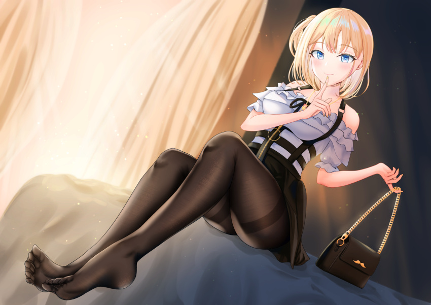 1girl, bag, bare_shoulders, black_legwear, blonde_hair, blouse, blue_eyes, casual, eyebrows_visible_through_hair, finger_to_mouth, frills, handbag, highres, hololive, hololive_english, medium_hair, no_shoes, official_alternate_costume, pantyhose, philo_324, side_ponytail, sitting, skirt, soles, solo, virtual_youtuber, watson_amelia, zipper
