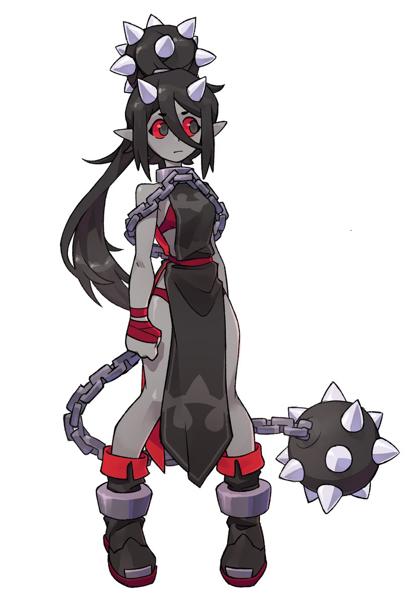1girl, arms_at_sides, black_eyes, black_hair, boots, chain, collar, colored_sclera, colored_skin, cuffs, demon_girl, english_commentary, flail, full_body, grey_skin, hair_between_eyes, hair_bun, highres, horns, long_hair, looking_to_the_side, original, orisghost, pointy_ears, ponytail, red_sclera, shackles, solo, standing, tabard, very_long_hair, weapon, white_background