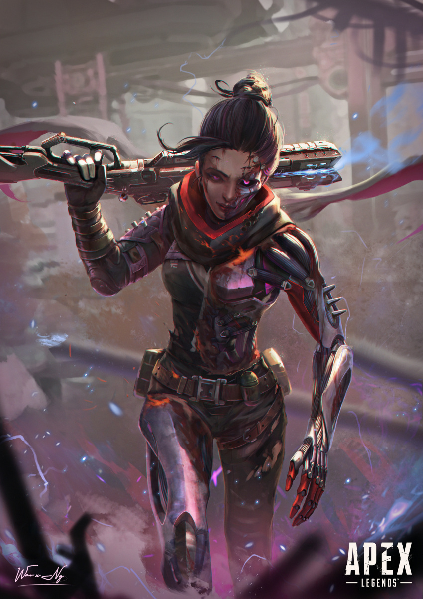 1girl, absurdres, android, apex_legends, black_bodysuit, black_gloves, black_hair, bodysuit, english_commentary, gloves, gun, hair_bun, highres, holding, holding_gun, holding_weapon, leaning_forward, logo, mechanical_arms, mechanical_legs, peacekeeper_(shotgun), perfect_soldier_wraith, realistic, science_fiction, shotgun, single_mechanical_arm, solo, violet_eyes, walking, warren_nguyen, weapon, wraith_(apex_legends)