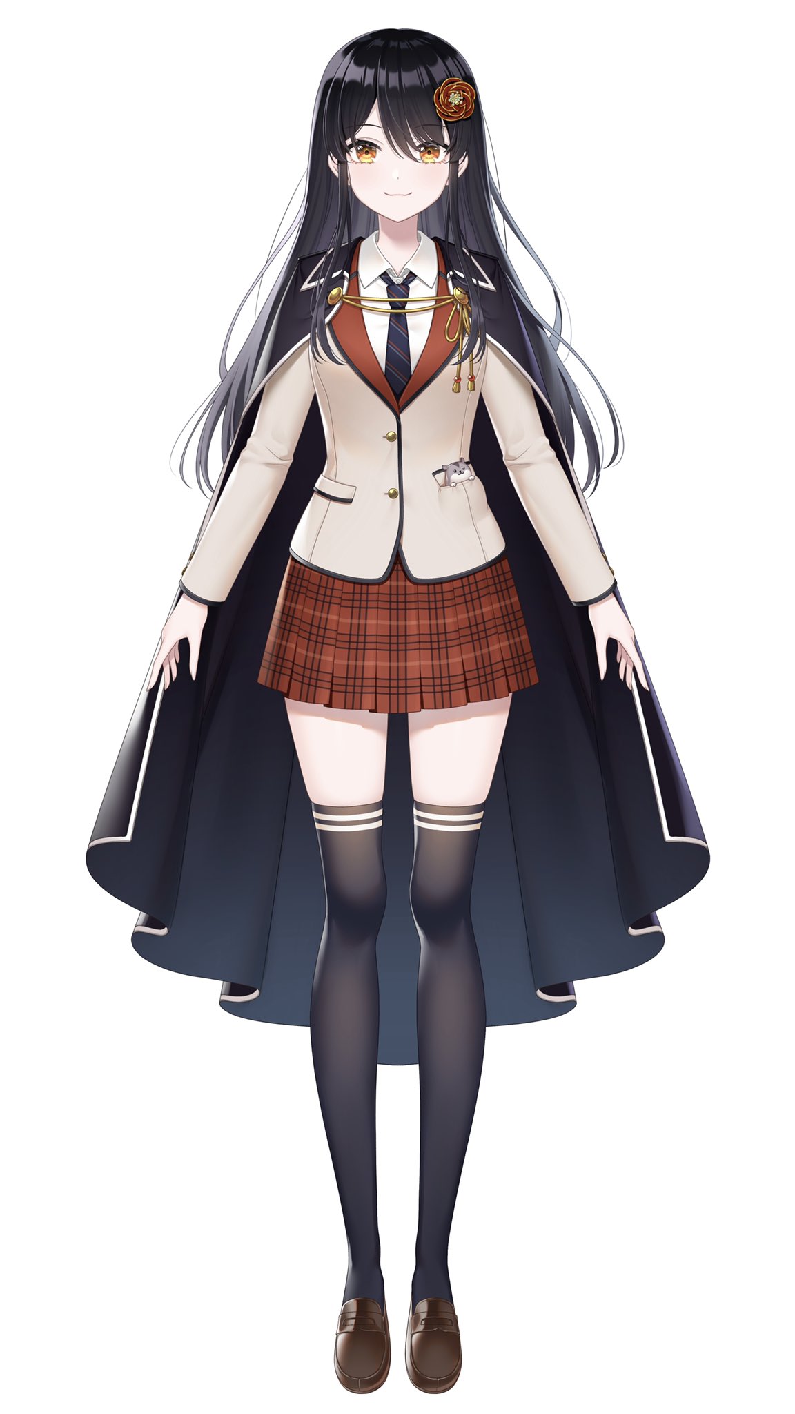 1girl, arms_at_sides, bangs, black_hair, cape, character_request, closed_mouth, collared_shirt