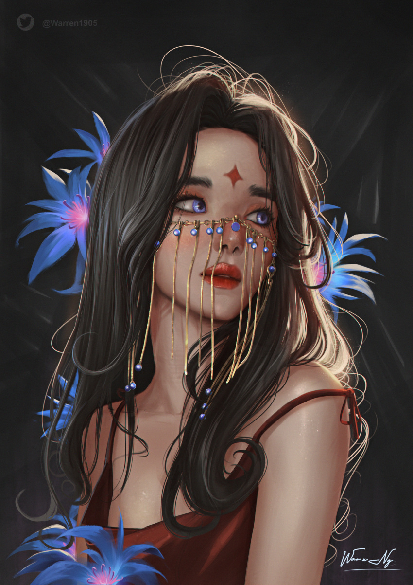 1girl, absurdres, bangs, black_background, blue_eyes, blue_flower, blush, breasts