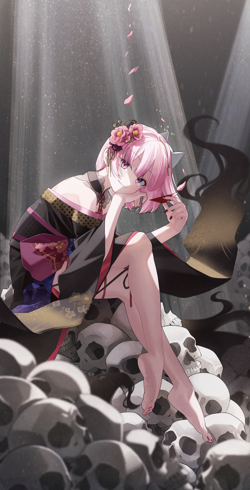 1girl, absurdres, bangs, bare_shoulders, barefoot, black_kimono, cup, highres