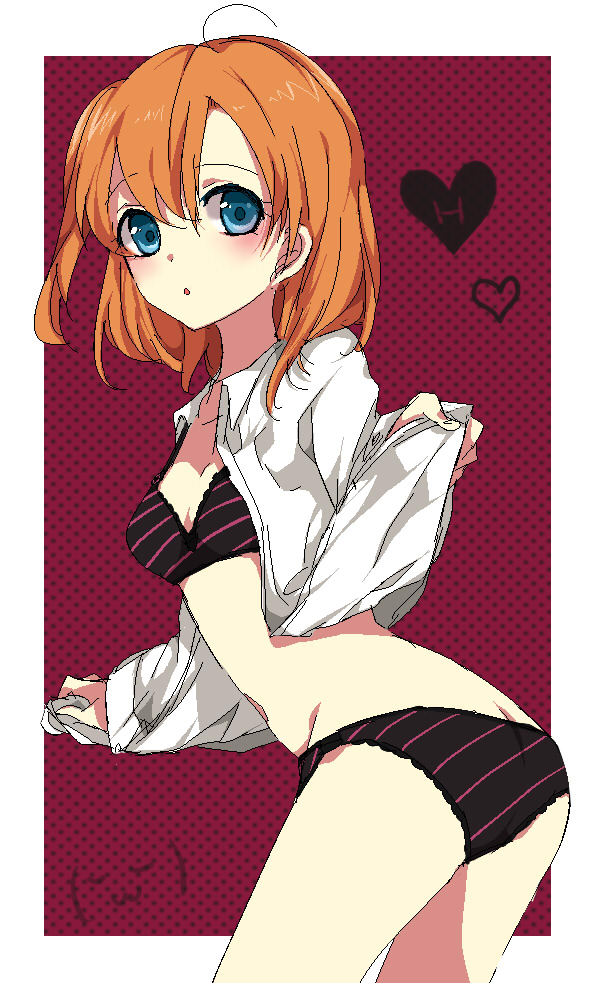 1girl, ass, bangs, black_underwear, blue_eyes, bra, breasts, dress_shirt
