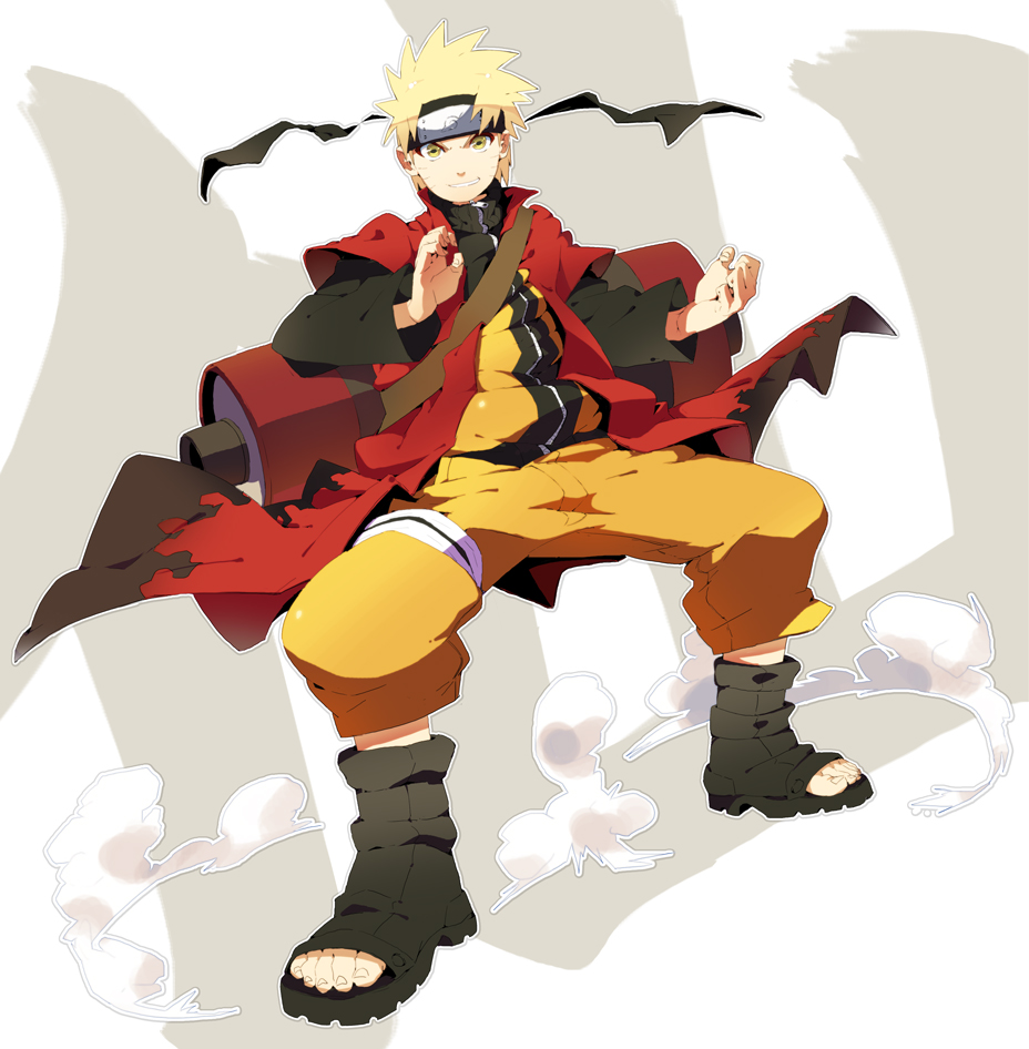 amphibian_eyes, bandages, blonde_hair, cape, dust, fighting_stance, forehead_protector, frog_eyes