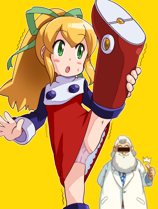 1boy, 1girl, :d, blonde_hair, blush_stickers, closed_mouth, dr._light_(mega_man), dress, green_eyes, green_ribbon, hair_ribbon, long_hair, long_sleeves, mega_man_(classic), mega_man_(series), open_mouth, panties, ponytail, red_dress, red_skirt, ribbon, roll_(mega_man), simple_background, skirt, smile, split, standing, standing_on_one_leg, standing_split, teeth, trembling, underwear, upper_teeth