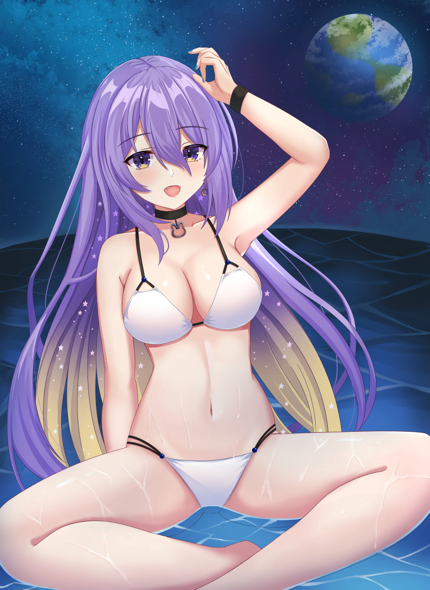 1girl, absurdres, bikini, blue_nails, breasts, choker, earrings, earth_(planet), fang, gradient_hair, highres, hololive, hololive_indonesia, jewelry, large_breasts, long_hair, moona_hoshinova, multicolored_hair, navel, planet, purple_hair, raven_genesis, single_earring, sitting, space, swimsuit, violet_eyes, virtual_youtuber, water, white_bikini