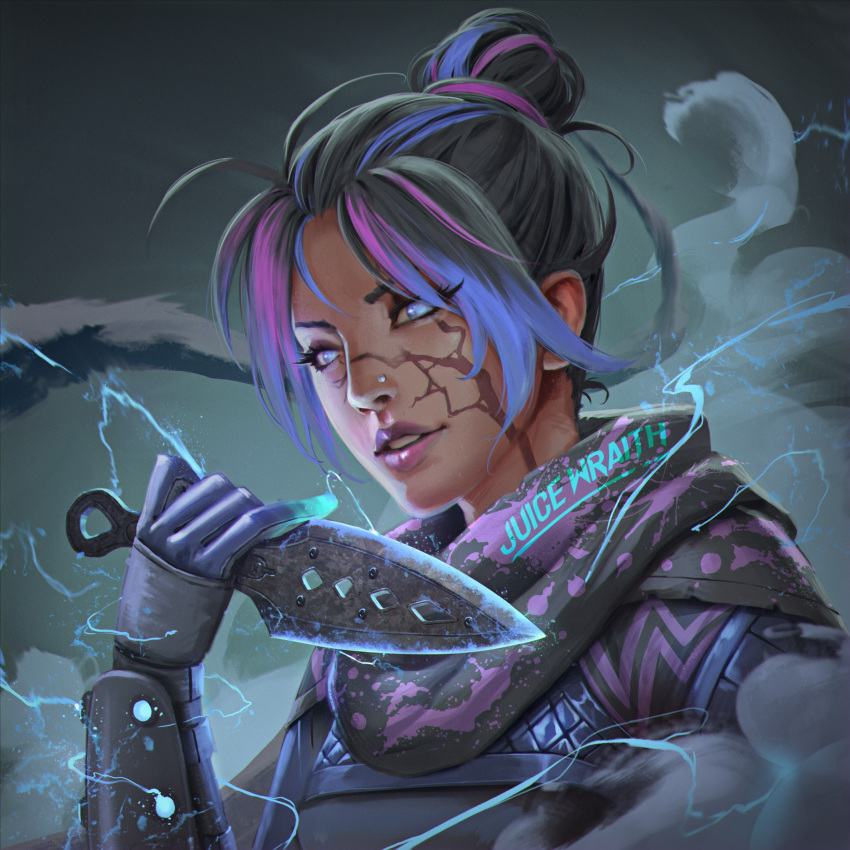 1girl, absurdres, apex_legends, bangs, black_bodysuit, black_hair, black_scarf, blue_hair