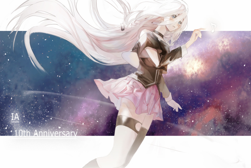 1girl, absurdres, anniversary, arm_at_side, asymmetrical_legwear, backlighting, black_choker, blue_eyes