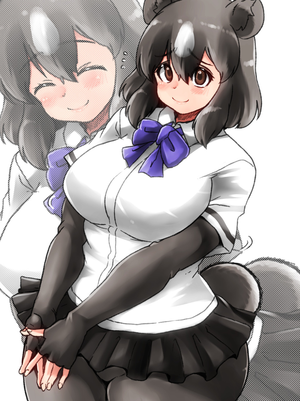 1girl, animal_ears, bangs, bear_ears, bear_girl, bear_tail, black_hair, blush
