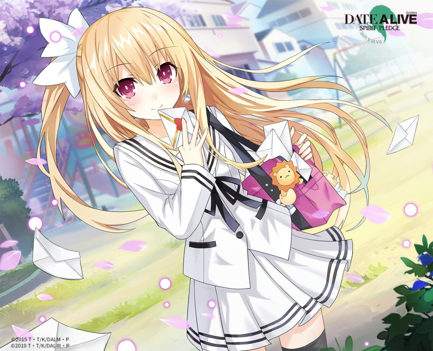 1girl, black_ribbon, blonde_hair, blouse, closed_mouth, date_a_live, date_a_live:_spirit_pledge, day