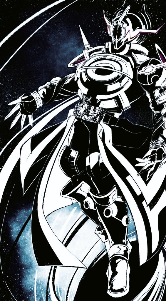1boy, alien, black_bodysuit, black_hole, bodysuit, boots, evil, evol_blackhole, evol_driver, evol_trigger, evolto, full_body, kamen_rider, kamen_rider_build_(series), kamen_rider_evol, limited_palette, long_coat, open_hands, pink_eyes, science_fiction, space, thighs, white_armor, y_a_m_a_y_a