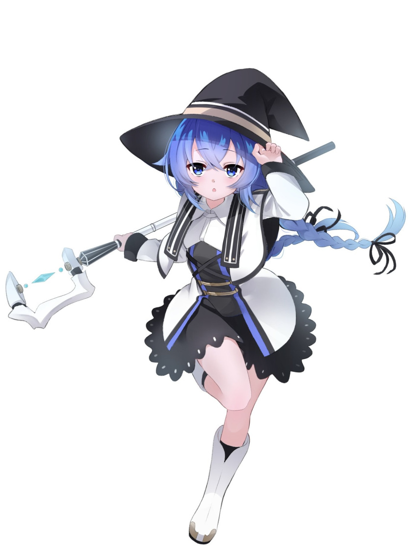 1girl, bangs, black_dress, black_headwear, black_ribbon, blue_eyes, blue_hair, blush