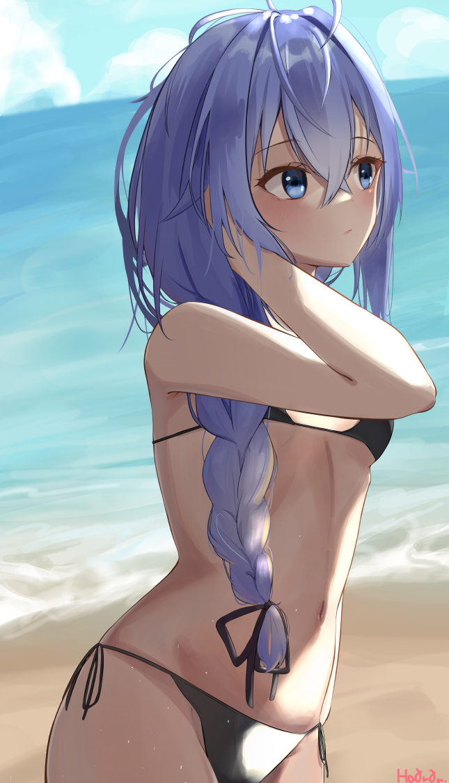 1girl, ahoge, bangs, beach, bikini, black_bikini, blue_eyes, blue_hair, blurry, blurry_background, blush, braid, breasts, closed_mouth, eyebrows_visible_through_hair, hair_between_eyes, hair_intakes, hair_over_shoulder, harurunoe, long_hair, mushoku_tensei, ocean, roxy_migurdia, shiny, shiny_hair, side-tie_bikini, signature, single_braid, small_breasts, solo, standing, swimsuit, under_boob
