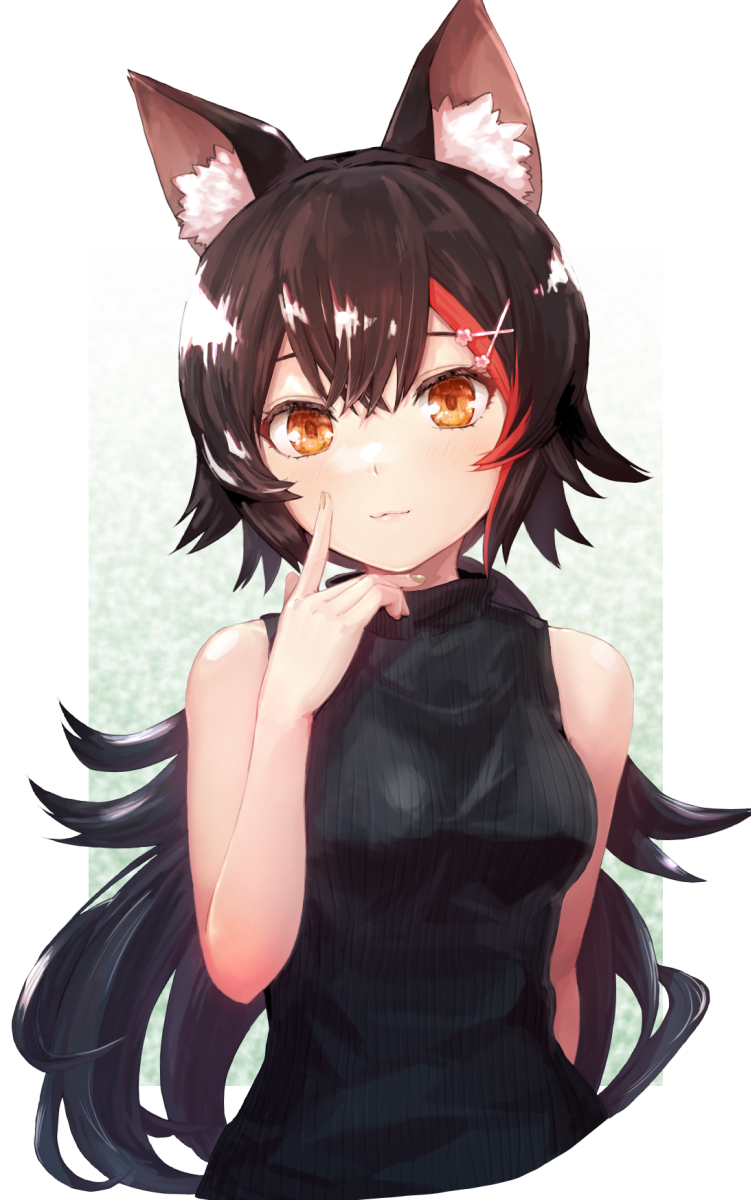 1girl, :3, animal_ear_fluff, animal_ears, bangs, bare_arms, black_sweater, border