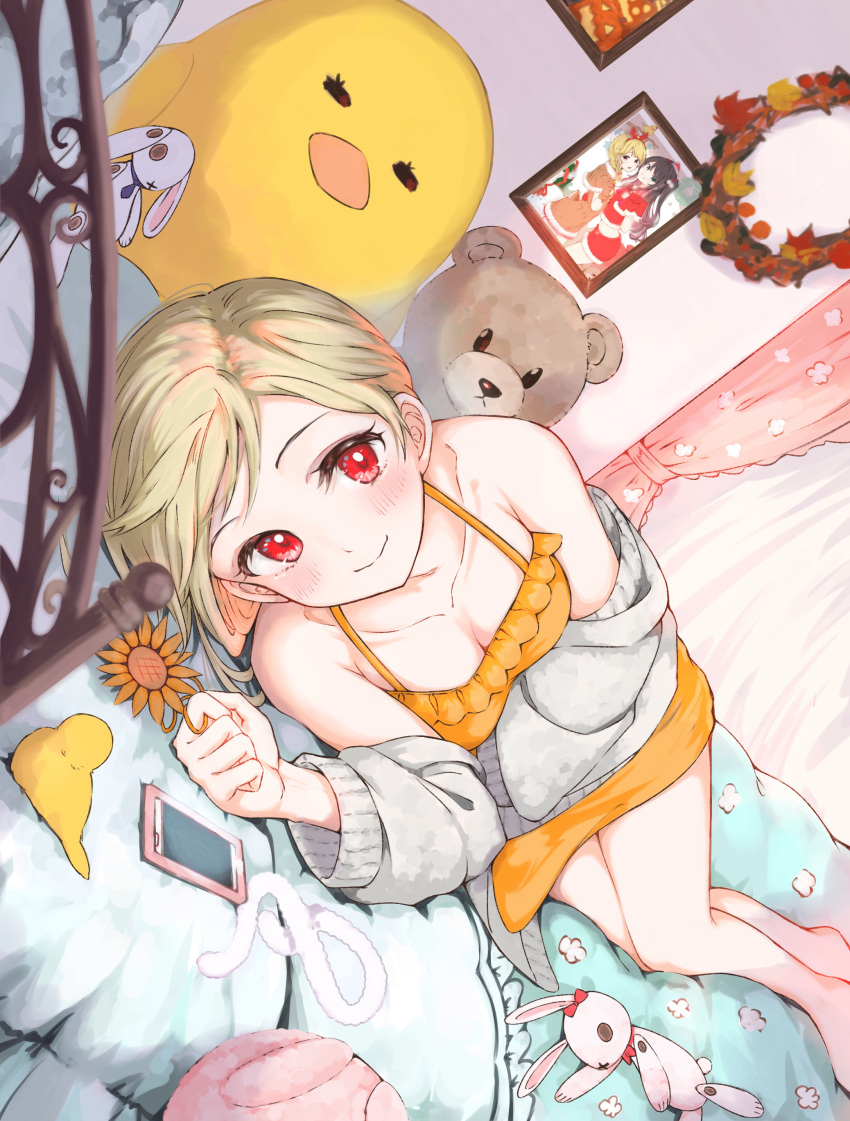 1girl, absurdres, bangs, bare_shoulders, barefoot, bed, blonde_hair, blush