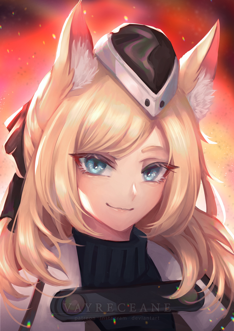 1girl, animal_ears, arknights, artist_name, blonde_hair, blue_eyes, garrison_cap, hat, long_hair, portrait, smile, vayreceane, whislash_(arknights)