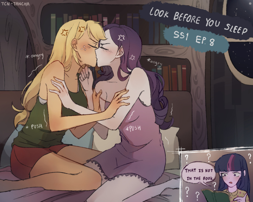 3girls, ?, anger_vein, applejack, artist_name, bare_shoulders, blonde_hair, blush