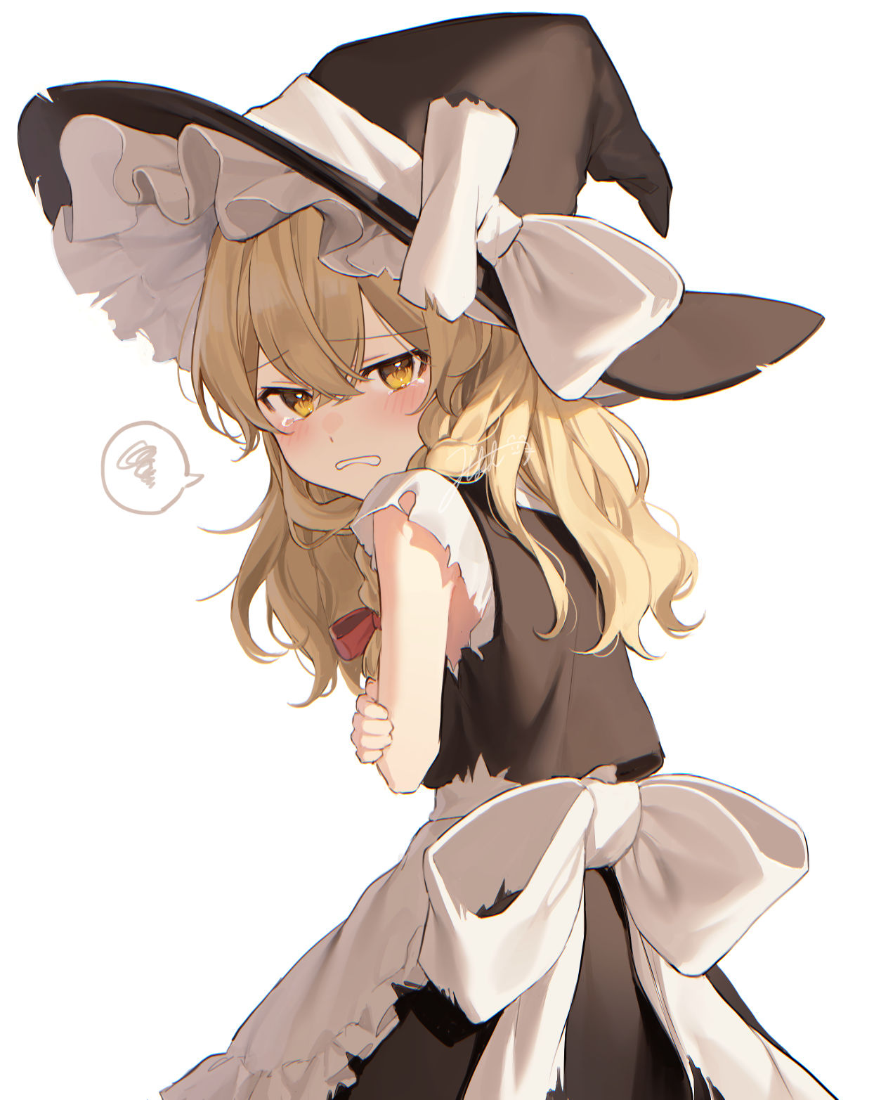 1girl, apron, back_bow, bangs, black_headwear, black_skirt, black_vest, blonde_hair